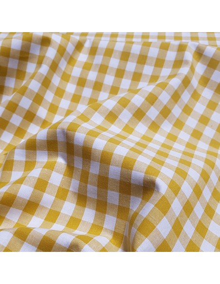 Tissu, Vichy Carreaux 10mm, Jaune Moutarde, Laize 144 cm, 100% Coton 110g/m²