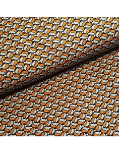 Tissu, Twill de Viscose Stretch Géométrique, Bleu Marine Ocre et Blanc, Laize 140 cm, 97% Viscose 3% Élasthanne