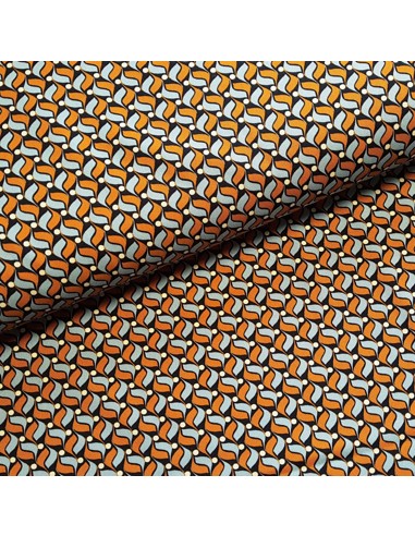 Tissu, Twill de Viscose Stretch Géométrique, Bleu Marine Ocre et Blanc, Laize 140 cm, 97% Viscose 3% Élasthanne