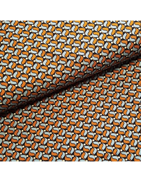 Tissu, Twill de Viscose Stretch Géométrique, Bleu Marine Ocre et Blanc, Laize 140 cm, 97% Viscose 3% Élasthanne