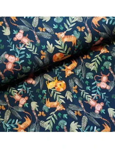 Tissu, Jersey de Coton Imprimé Animaux de la Jungle, Bleu Pétrole, Laize 140 cm, Coton Stretch Oeko-Tex