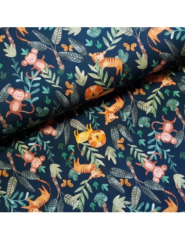 Tissu, Jersey de Coton Imprimé Animaux de la Jungle, Bleu Pétrole, Laize 140 cm, Coton Stretch Oeko-Tex