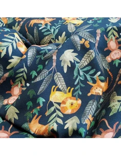 Tissu, Jersey de Coton Imprimé Animaux de la Jungle, Bleu Pétrole, Laize 140 cm, Coton Stretch Oeko-Tex 2