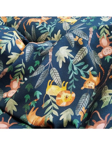 Tissu, Jersey de Coton Imprimé Animaux de la Jungle, Bleu Pétrole, Laize 140 cm, Coton Stretch Oeko-Tex