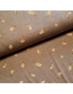 Tissu, Jersey de Coton Imprimé Plumes Scintillantes, Marron Clair & Lurex Doré, Laize 150 cm, Coton Stretch Oeko-Tex