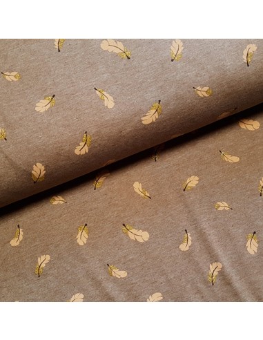 Tissu, Jersey de Coton Imprimé Plumes Scintillantes, Marron Clair & Lurex Doré, Laize 150 cm, Coton Stretch Oeko-Tex