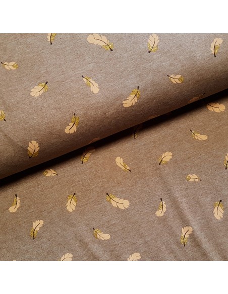 Tissu, Jersey de Coton Imprimé Plumes Scintillantes, Marron Clair & Lurex Doré, Laize 150 cm, Coton Stretch Oeko-Tex