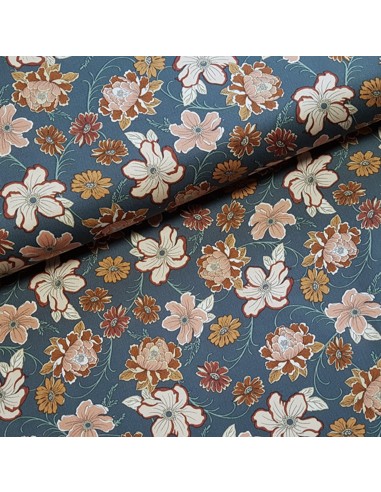 Tissu, Twill de Viscose Stretch Fleuri Vintage, Bleu Jean, Laize 140 cm, 97% Viscose 3% Elasthanne 252g/ml