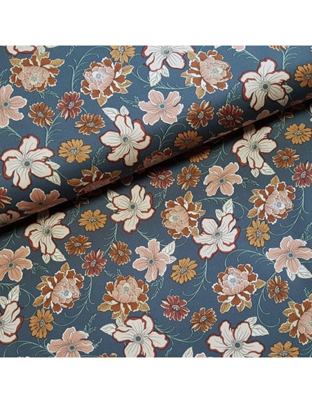 Tissu, Twill de Viscose Stretch Fleuri Vintage, Bleu Jean, Laize 140 cm, 97% Viscose 3% Elasthanne 252g/ml