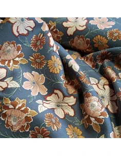 Tissu, Twill de Viscose Stretch Fleuri Vintage, Bleu Jean, Laize 140 cm, 97% Viscose 3% Elasthanne 252g/ml 2