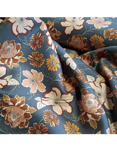 Tissu, Twill de Viscose Stretch Fleuri Vintage, Bleu Jean, Laize 140 cm, 97% Viscose 3% Elasthanne 252g/ml