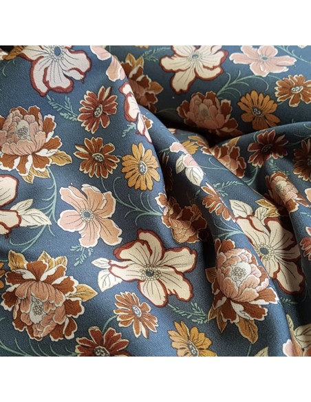 Tissu, Twill de Viscose Stretch Fleuri Vintage, Bleu Jean, Laize 140 cm, 97% Viscose 3% Elasthanne 252g/ml