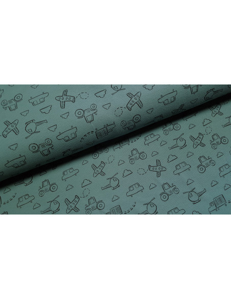Piqué de coton, voitures et avions, bleu vert