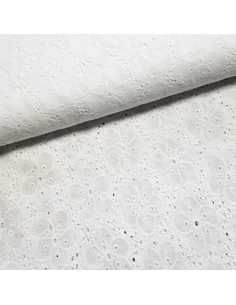 Tissu, Broderie Anglaise Fleurie, Blanc, Laize 132 cm, 100% Coton