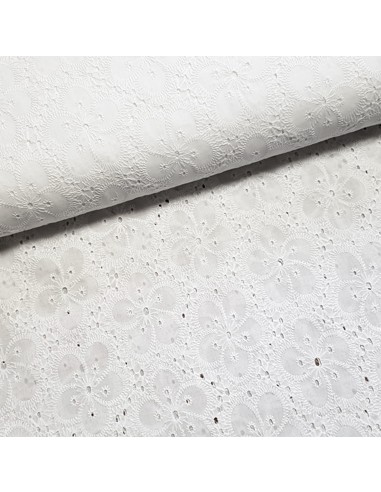 Tissu, Broderie Anglaise Fleurie, Blanc, Laize 132 cm, 100% Coton