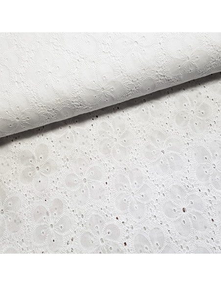Tissu, Broderie Anglaise Fleurie, Blanc, Laize 132 cm, 100% Coton