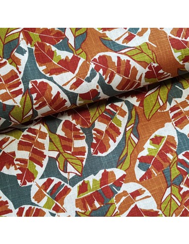Tissu, Lin Lavé Imprimé Feuilles, Écru, Laize 140 cm, 100% Lin 322g/ml