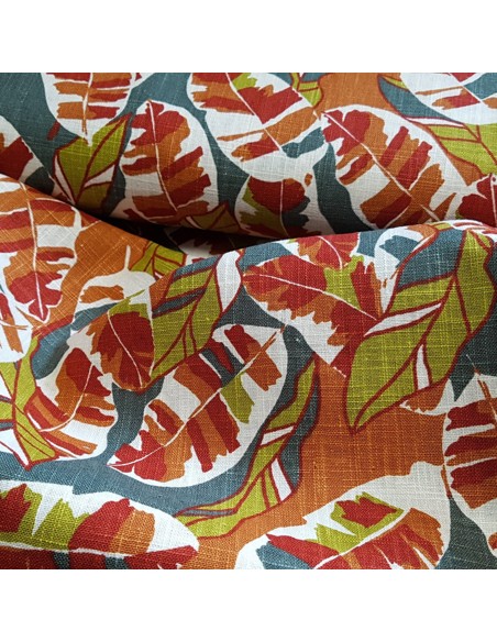 Tissu, Lin Lavé Imprimé Feuilles, Écru, Laize 140 cm, 100% Lin 322g/ml