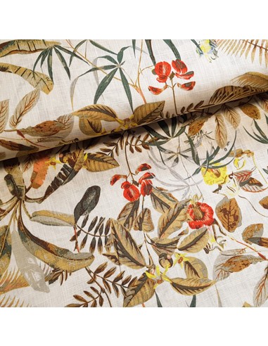Tissu, Lin Viscose Imprimé Tropical, Écru, Laize 135 cm, 55% Lin 45% Viscose 243g/ml
