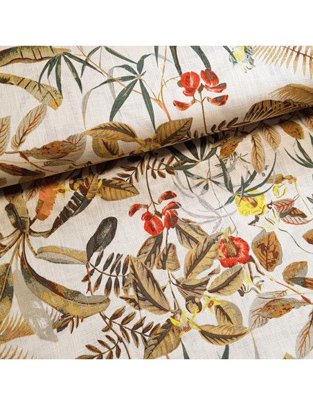 Tissu, Lin Viscose Imprimé Tropical, Écru, Laize 135 cm, 55% Lin 45% Viscose 243g/ml