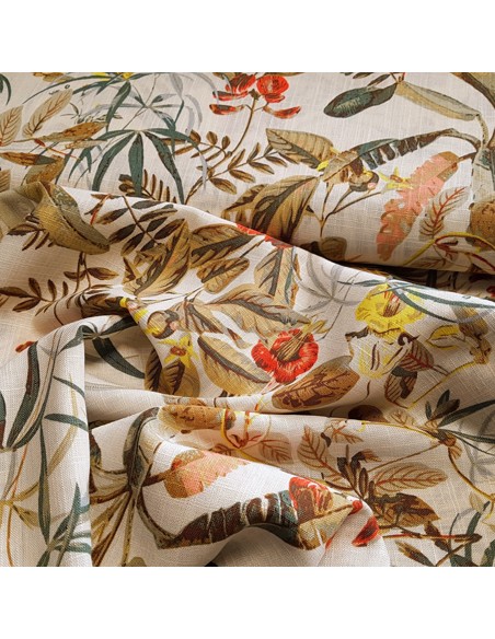 Tissu, Lin Viscose Imprimé Tropical, Écru, Laize 135 cm, 55% Lin 45% Viscose 243g/ml
