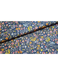 Popeline de coton, fleurs, rose sur fond bleu