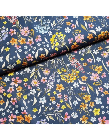 Tissu, Popeline de Coton Fleurie, Bleu Jean et Rose, Laize 140 cm, 100% Coton 161g/m²