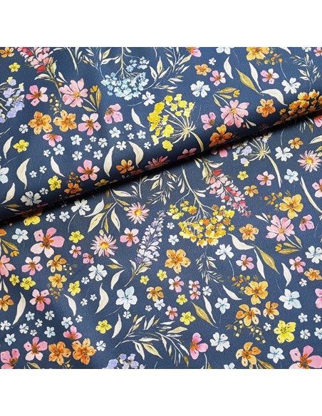 Tissu, Popeline de Coton Fleurie, Bleu Jean et Rose, Laize 140 cm, 100% Coton 161g/m²