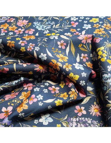 Tissu, Popeline de Coton Fleurie, Bleu Jean et Rose, Laize 140 cm, 100% Coton 161g/m²