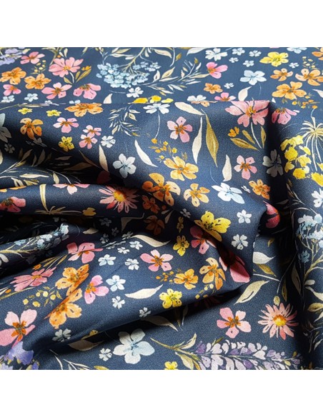 Tissu, Popeline de Coton Fleurie, Bleu Jean et Rose, Laize 140 cm, 100% Coton 161g/m²
