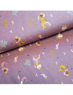 Tissu, Jersey de Coton Imprimé Petites Sirènes, Mauve Pailleté, Laize 140 cm, Coton Stretch Oeko-Tex