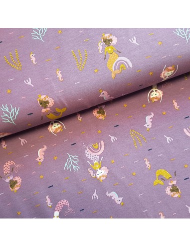 Tissu, Jersey de Coton Imprimé Petites Sirènes, Mauve Pailleté, Laize 140 cm, Coton Stretch Oeko-Tex