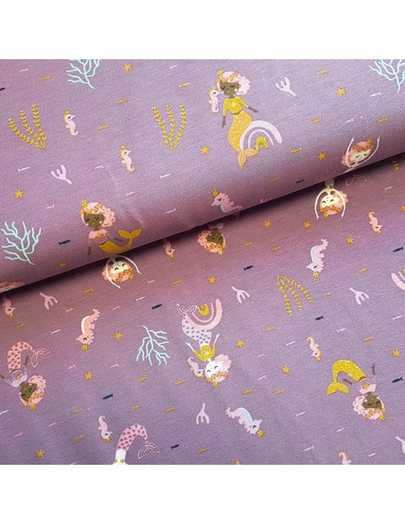 Tissu, Jersey de Coton Imprimé Petites Sirènes, Mauve Pailleté, Laize 140 cm, Coton Stretch Oeko-Tex