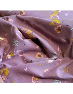 Tissu, Jersey de Coton Imprimé Petites Sirènes, Mauve Pailleté, Laize 140 cm, Coton Stretch Oeko-Tex 2
