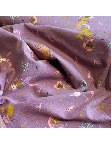 Tissu, Jersey de Coton Imprimé Petites Sirènes, Mauve Pailleté, Laize 140 cm, Coton Stretch Oeko-Tex