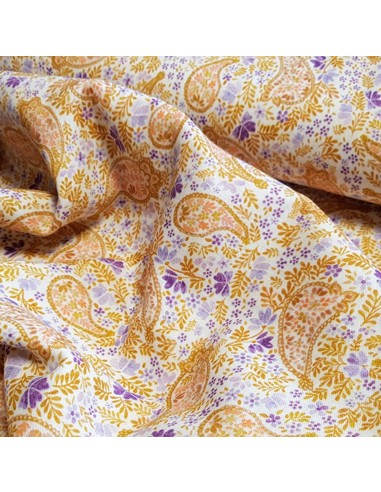 Tissu, Double Gaze Cachemire Fleuri, Beige Violet Blanc, Laize 135 cm, 100% Coton 148.5g/m²