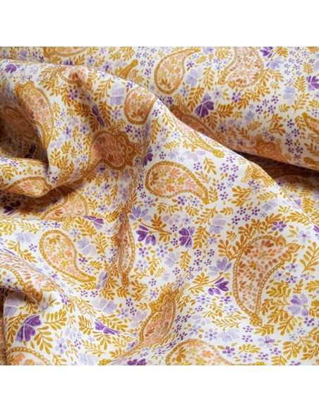 Tissu, Double Gaze Cachemire Fleuri, Beige Violet Blanc, Laize 135 cm, 100% Coton 148.5g/m²