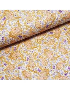 Tissu, Double Gaze Cachemire Fleuri, Beige Violet Blanc, Laize 135 cm, 100% Coton 148.5g/m²