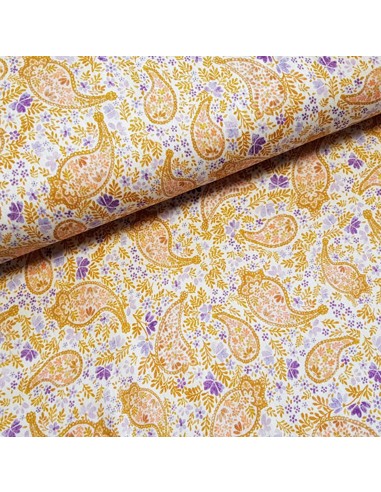 Tissu, Double Gaze Cachemire Fleuri, Beige Violet Blanc, Laize 135 cm, 100% Coton 148.5g/m²