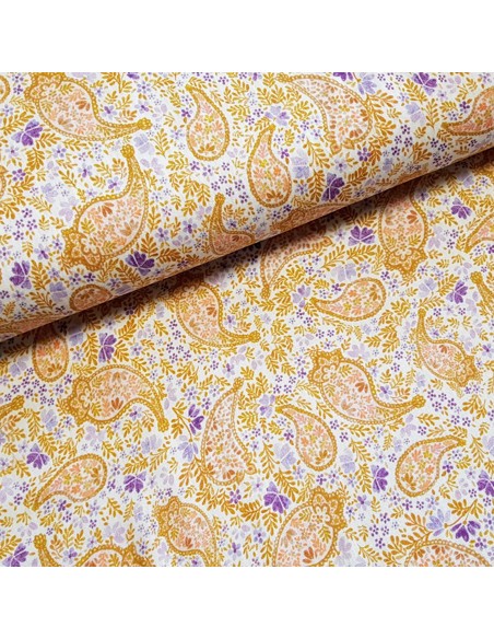 Tissu, Double Gaze Cachemire Fleuri, Beige Violet Blanc, Laize 135 cm, 100% Coton 148.5g/m²