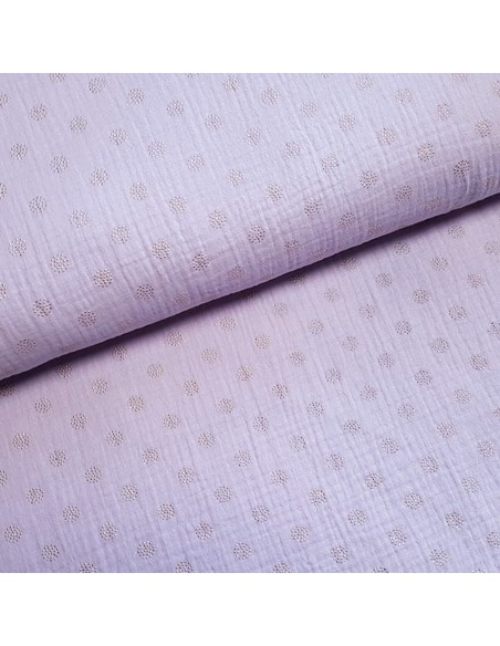 Tissu, Double Gaze Ronds Dorés, Mauve, Laize 135 cm, 100% Coton 125g/m²