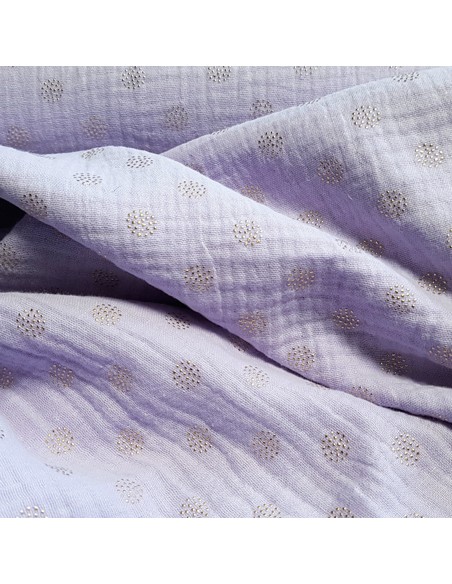 Tissu, Double Gaze Ronds Dorés, Mauve, Laize 135 cm, 100% Coton 125g/m²