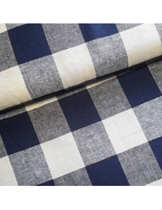 Tissu, Lin Viscose Tissé Carreaux, Bleu Marine & Naturel, Laize 144 cm, 55% Lin 45% Viscose 208.8g/ml