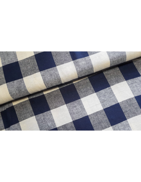 Lin viscose tissé, carreaux, bleu marine & naturel