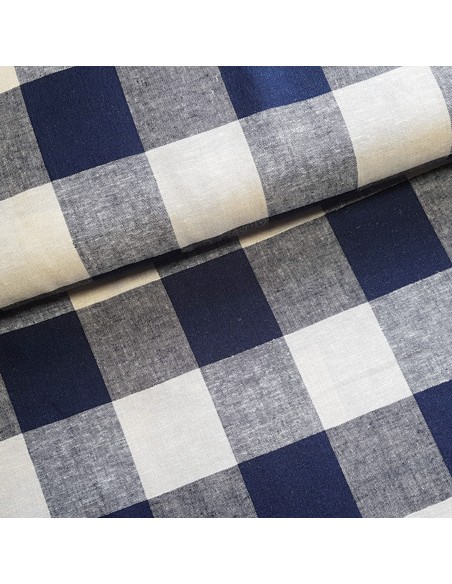 Tissu, Lin Viscose Tissé Carreaux, Bleu Marine & Naturel, Laize 144 cm, 55% Lin 45% Viscose 208.8g/ml