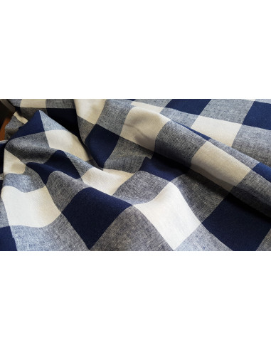 Lin viscose tissé, carreaux, bleu marine & naturel