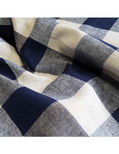 Tissu, Lin Viscose Tissé Carreaux, Bleu Marine & Naturel, Laize 144 cm, 55% Lin 45% Viscose 208.8g/ml