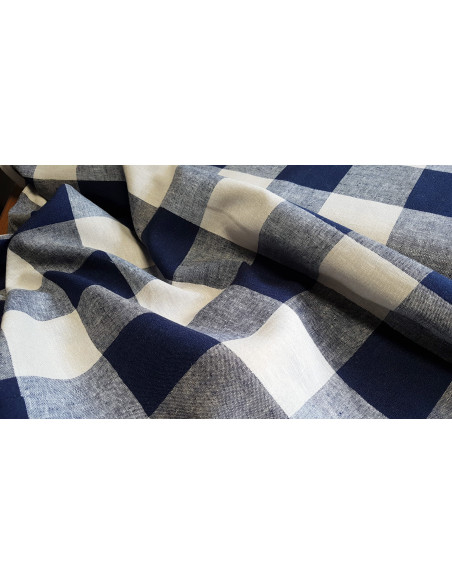 Lin viscose tissé, carreaux, bleu marine & naturel