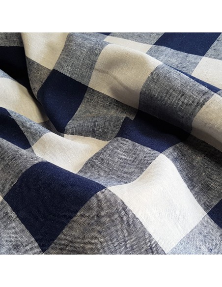 Tissu, Lin Viscose Tissé Carreaux, Bleu Marine & Naturel, Laize 144 cm, 55% Lin 45% Viscose 208.8g/ml