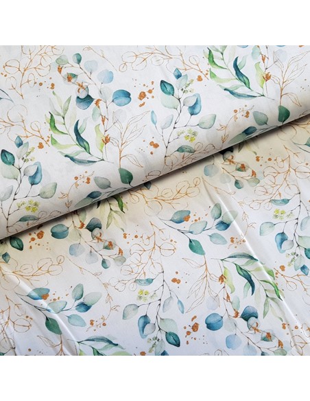 Tissu, Viscose Imprimée Petit Feuillage, Blanc, Laize 140 cm, 100% Viscose 154g/m²